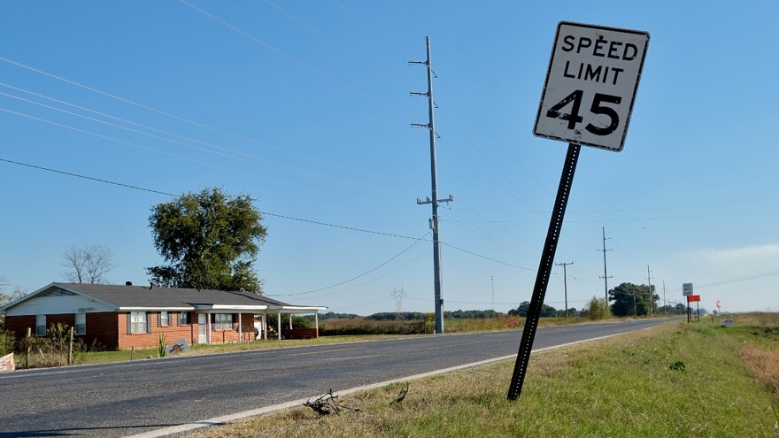 A speed limit sign in front of Tatjana Thompson’s home, across the street from the Meta data center construction site in Holly Ridge, Louisiana, on Thursday, October 16, 2025. Thompson said the sign was put up about a month before and is already bent at an angle from being hit by a passing vehicle.