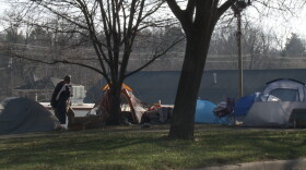 Tents are lined up at Seminary Park in Bloomington.