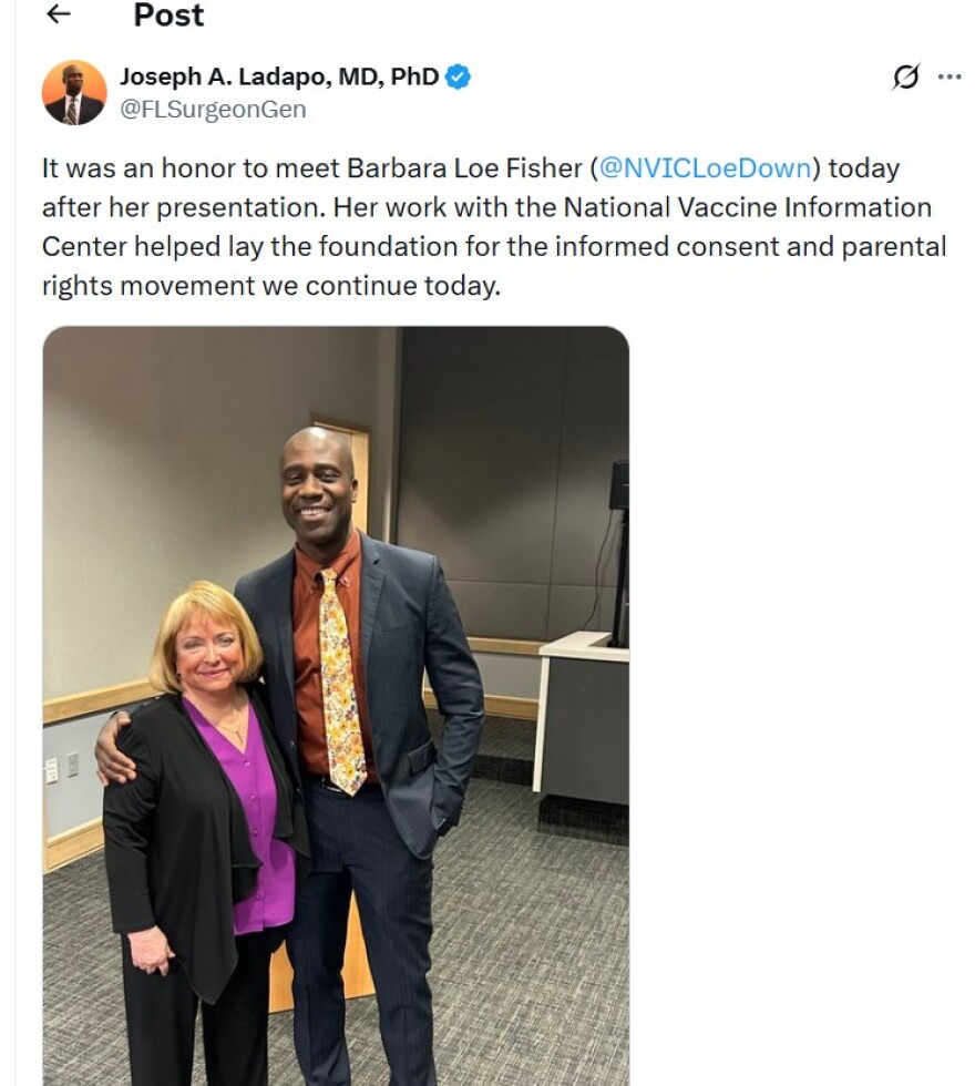 A post from March 16, 2026 on X.com shows Ladapo and Barbara Loe Fisher standing together for a picture