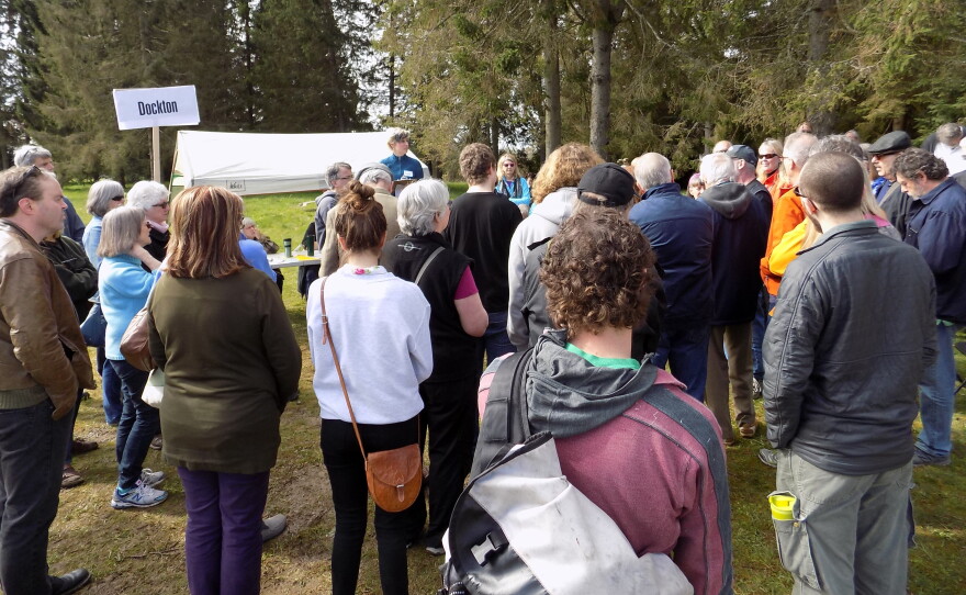 People from the Dockton community caucus at Vashon Island's Open Space community center on Saturday.