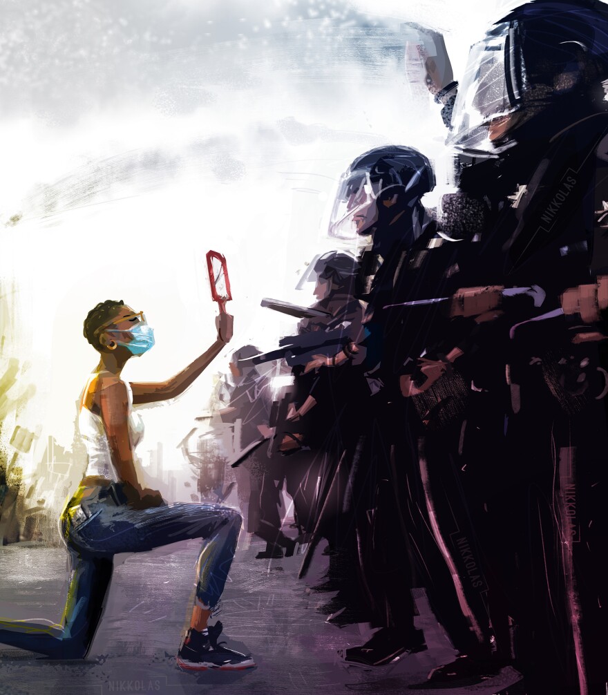 Artist Nikkolas Smith found inspiration for this painting in <a href="https://www.instagram.com/p/CA0STpYl9ZK/">Dai Sugano's photograph</a> of a protester kneeling before police. Smith posts his digital paintings — many with social justice themes — to social media in the hope that his art will inspire change.
