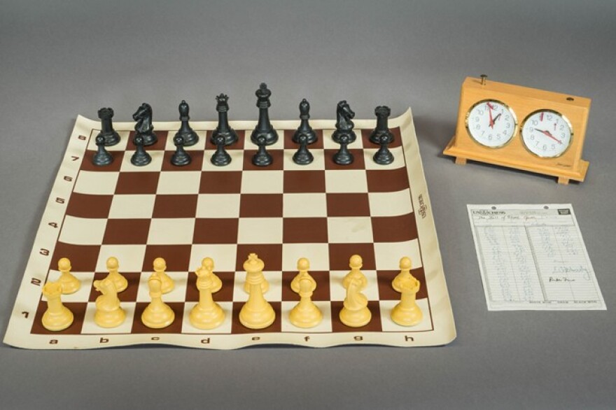 A chess set used in a game between GM Reuben Fine and GM Samuel Reshevsky