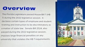 The first of 20 slides in UF’s "Understanding House Bill 7” presentation details financial consequences the university could face if professors break the law. The presentation was released to faculty at the end of April. (Carissa Allen/WUFT News)
