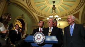 (Left to right) U.S. Sen. John Barrasso (R-Wyo.), Senate Majority Leader Mitch McConnell (R-Ky.), U.S. Sen. John Thune (R-S.D.) and U.S. Sen. John Cornyn (R-Texas) speak to reporters during a news conference on Capitol Hill following a procedural vote on the GOP health care bill on July 25, 2017 in Washington. (Justin Sullivan/Getty Images)