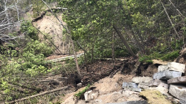 A portion of the Little Traverse Wheelway known as the 'Miracle Mile' collapsed due to erosion. This photo was taken very shortly after the washout was discovered on April 13, 2020.