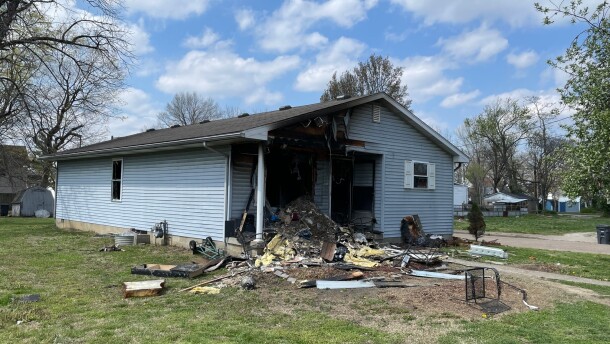A fire-damaged house at the corner of Broadway and Egmont in Evansville, Mar. 30, 2026.