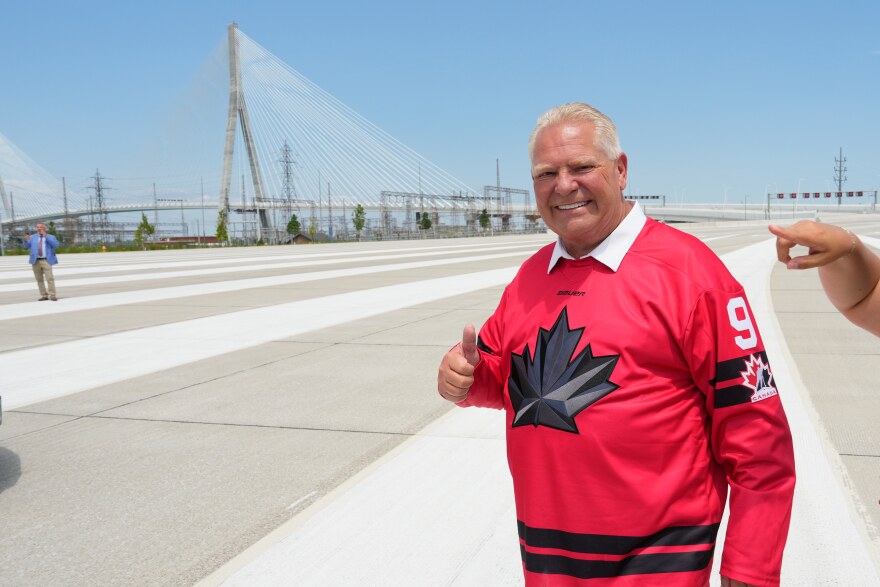 Doug Ford, Premier of Ontario, gives a thumbs up after a Canadian celebration for the opening of Gordie Howe International bridge connecting Detroit and Windsor, Ontario Friday, July 24, 2026, in Windsor.