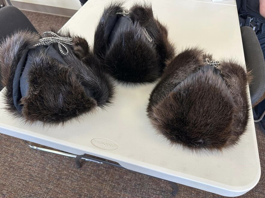 Three of four beaver hats made by Fairbanks police officers under the guidance of Denakkanaga elders.