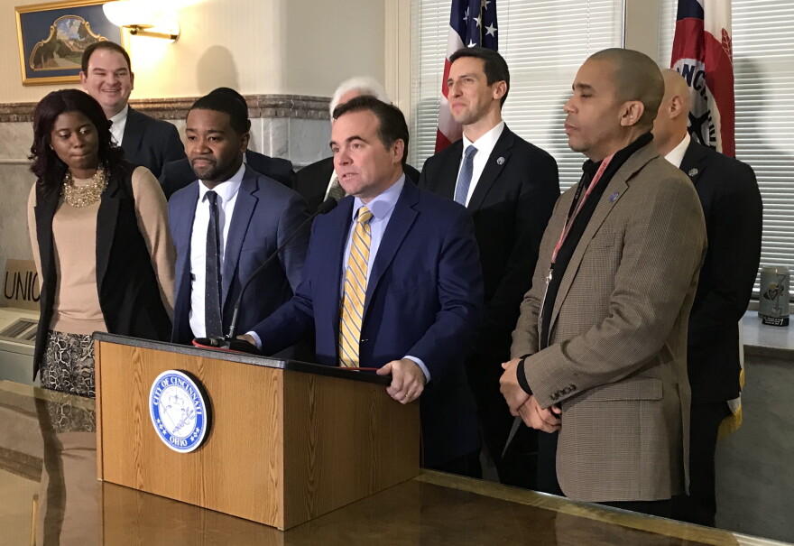 Mayor John Cranley at a City Hall press conference announcing Patrick Duhaney (at Cranley's left) as his candidate for city manager.