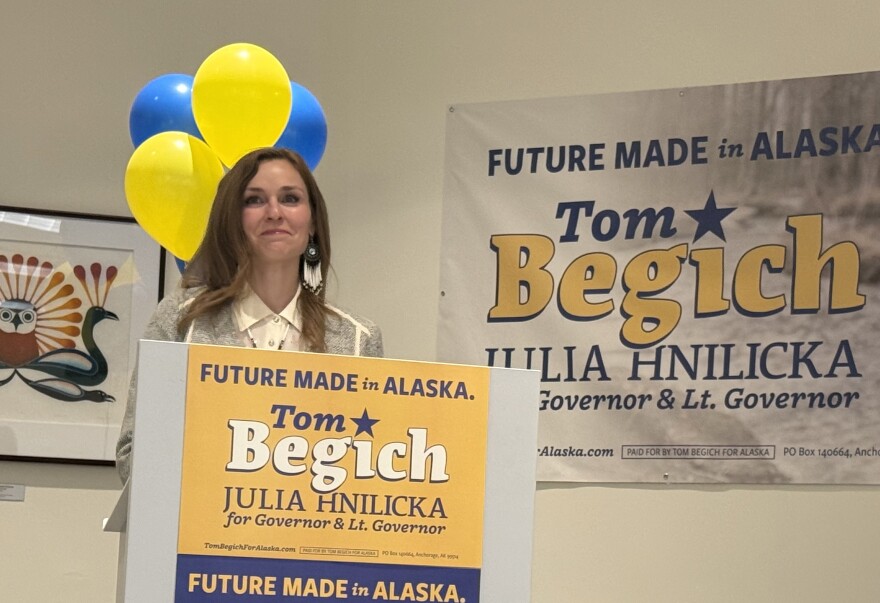 Julia Hnilicka prepares to deliver a speech during a May 28, 2026, event in Fairbanks during which Tom Begich, a Democrat running for Alaska governor, announced her as his running mate.