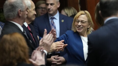 Maine Gov. Janet Mills arrives to swear in the new Maine Legislature, Wednesday, Dec. 7, 2022, in Augusta, Maine.