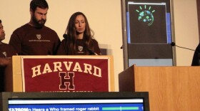 Harvard Business School's Jayanth Iyengar (far left), Jonas Peter Akins and Genevieve Sheenan held their own, but eventually lost to IBM's Watson in a game of <em>Jeopardy</em> at a conference on jobs and technology.