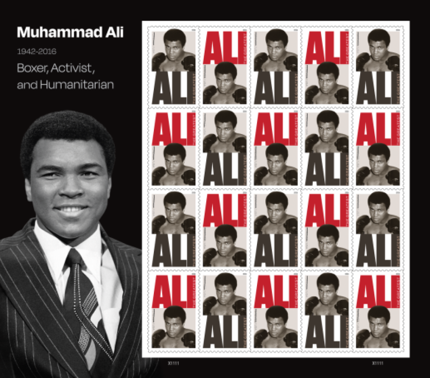 Black-and-white portrait of Muhammad Ali beside a sheet of USPS Forever stamps featuring Ali’s face and the word “ALI” in bold red and black text, honoring him as a boxer, activist, and humanitarian.