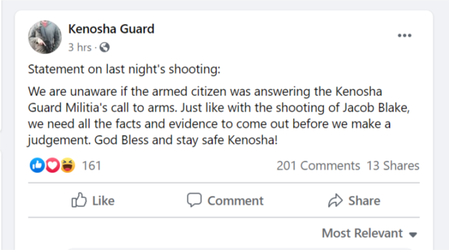 A screen grab from a Facebook group called the Kenosha Guard posted a statement Wednesday saying it was not sure if the perpetrator of violence Tuesday night in Kenosha was affiliated with the group.