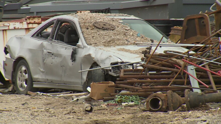 A car waits to be scrapped at J.B.'s Salvage on the northwest side of Bloomington.