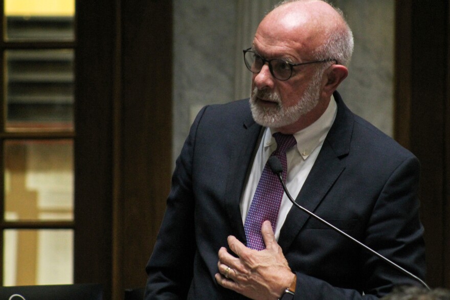 Sen. Travis Holdman (R-Markle) speaks about his bill to provide financial supports for pregnant Hoosiers, families and children on the floor of the Indiana Senate on July 28, 2022.