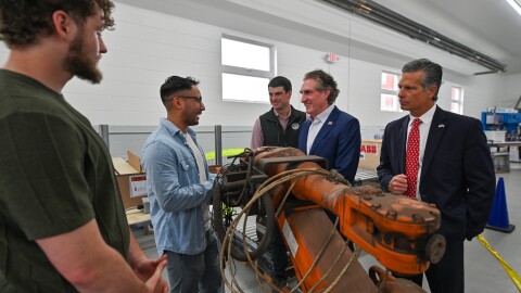 Lackawanna College students Joseph Farrell and Karim Vaquero chat with U.S. Rep. Rob Bresnahan, U.S. Secretary of the Interior Doug Burgum and U.S. Rep. Dan Meuser.