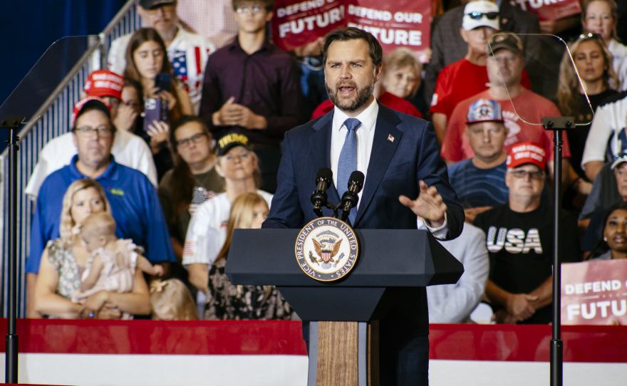 Vice President JD Vance promotes the Trump administration’s accomplishments on taxes and trade at a rally in Council Bluffs on Sept. 18, 2026.
