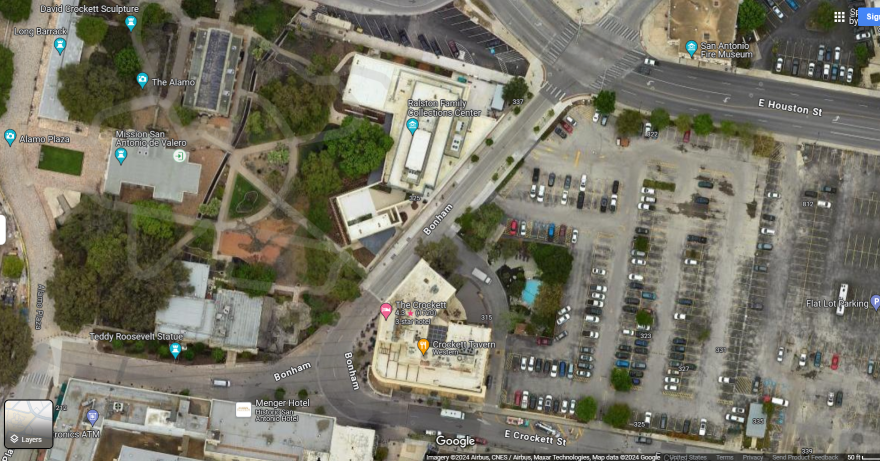 Google maps/satellite view showing location where new ITC may be built, just above Crockett Hotel