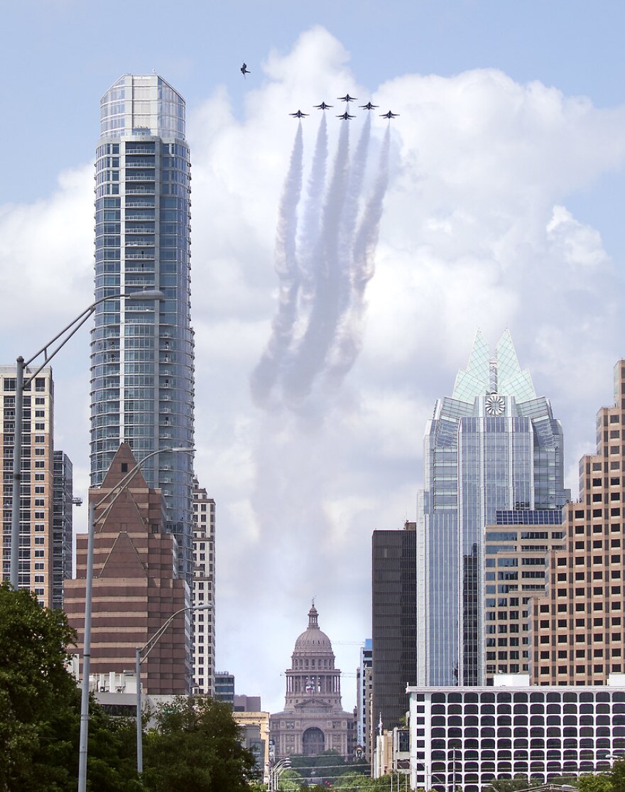 Air Force Thunderbirds fly over Austin in a salute to essential workers on May 13.