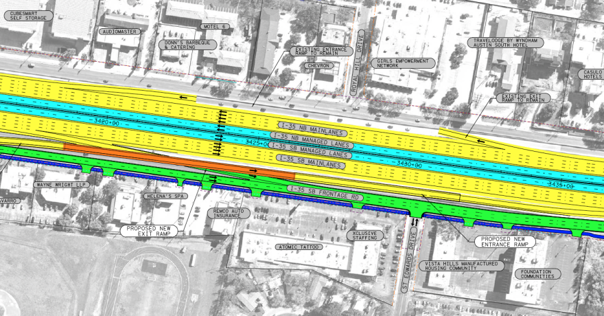 This I-35 schematic shows the northbound exit to Oltorf Street staying as is. The southbound exit lane would pass under a new southbound entrance lane, which would be elevated as a bridge, shown in orange. The light-blue managed lanes would continue down the middle of the highway.