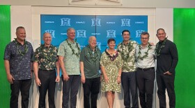 University of Hawaiʻi leaders stand with the donors of $5 million that will go toward the name, image, and likeness program to pay student athletes. From left: President of the Matson's pacific division Len Isotoff, First Hawaiian Bank Chairman and CEO Bob Harrison, Bank of Hawaiʻi President Jim Polk, Walter Dods, UH President Wendy Hensel, Athletic Director Matt Elliott, UH Chancellor Vassilis Syrmos, and UH football coach Timmy Chang.