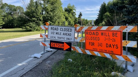 Bright orange signs warn motorists that a half a mile ahead, I-480 over Stow Rd. in Hudson will be closed for 240 days starting Mar. 17, 2026. The signs also point to a detour and say, "local traffic only."