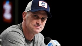 UConn head coach Dan Hurley speaks during a news conference ahead of a national championship NCAA college basketball tournament game against Michigan at the Final Four, Sunday, April 5, 2026, in Indianapolis.