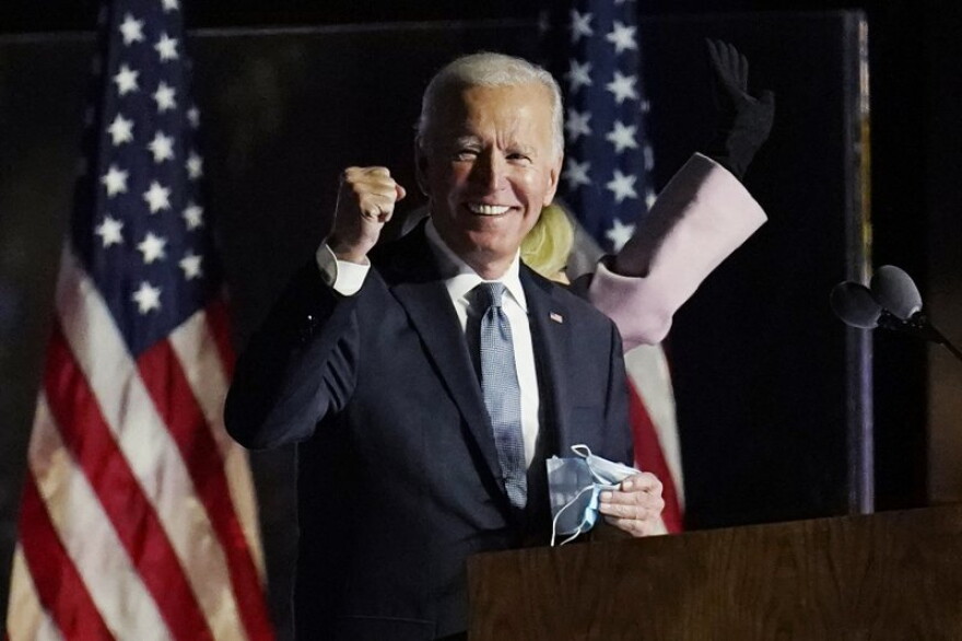 Democratic presidential candidate former Vice President Joe Biden speaks to supporters, early Wednesday, Nov. 4, 2020, in Wilmington, Del. Biden defeated President Donald Trump to become the 46th president of the United States on Saturday, positioning himself to lead a nation gripped by historic pandemic and a confluence of economic and social turmoil.