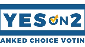 A blue, white and yellow logo that reads "Yes On 2 Ranked Choice Voting"