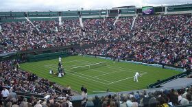 A roofless Centre Court in the early stages of redevelopment