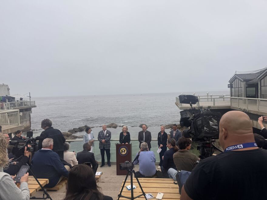 Six nicely-dressed dignitaries stand along a glass fence with Monterey Bay churning behind them. In the foreground, on a slope with bench seats, a handful of people sit with notebooks and cameras. 