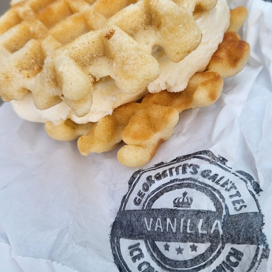 Marc Leberger makes a special waffle that is thinner and without the pearl sugar for his ice cream sandwiches. The cold treats made with Genuine Ice Cream is available through the Yellowstone Valley Food Hub.
