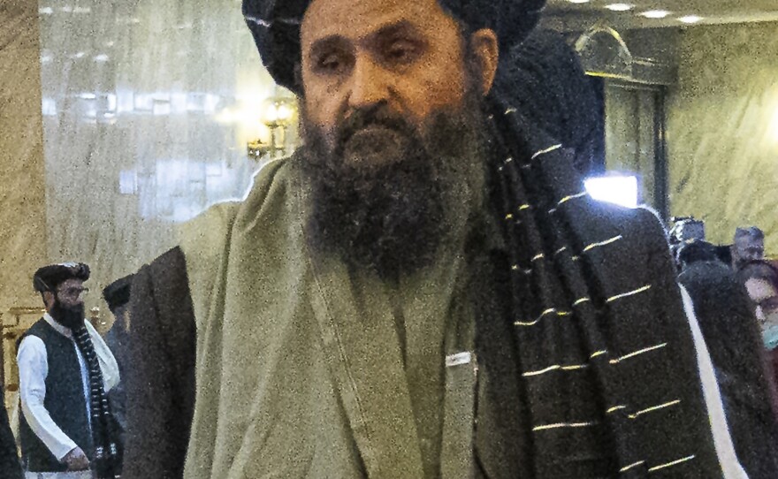 Taliban co-founder Mullah Abdul Ghani Baradar, the arrives with other members of the Taliban delegation for an international peace conference in Moscow, in March.