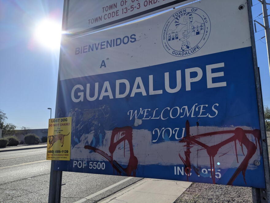 Blue and white sign for Guadalupe Arizona 