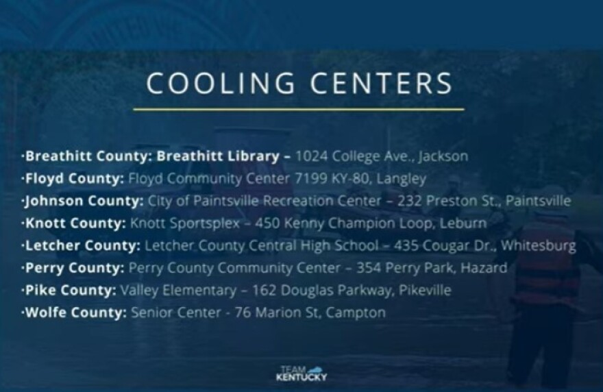 List of cooling centers open in 8 counties in Eastern Kentucky.