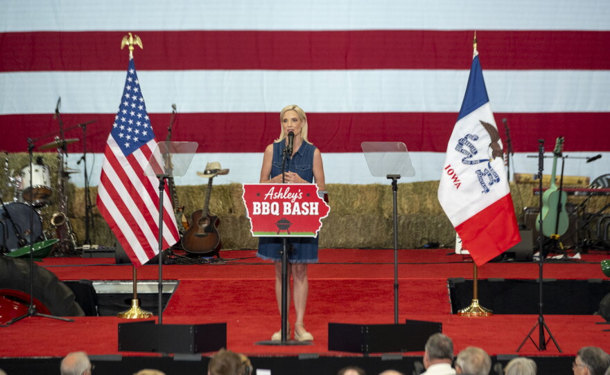 Republican U.S. Senate candidate Ashley Hinson speaks at a fundraising event on Aug. 29, 2026.