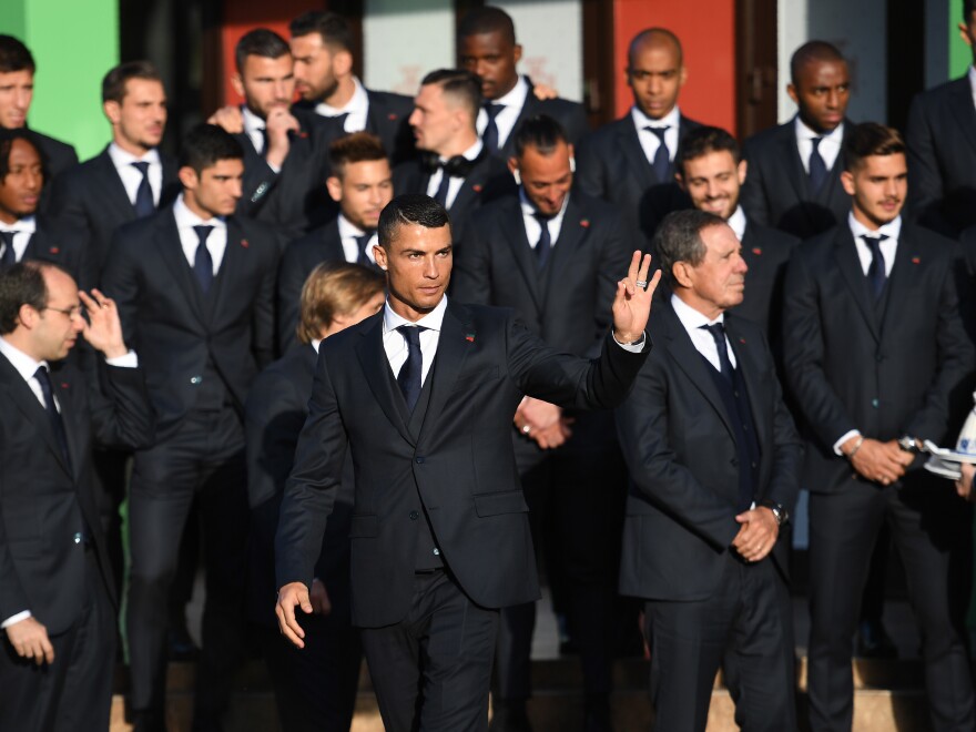 Portugal forward Cristiano Ronaldo waves as his team arrives at their base camp on the outskirts of Moscow last week.