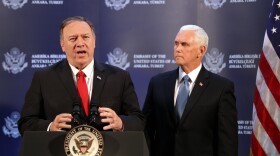 US Vice President Mike Pence (R) and US Secretary of State Mike Pompeo (L) attend a press conference after a meeting with Turkish President, in Ankara, Turkey, on October 17, 2019. (Photo by Adem ALTAN / AFP) (Photo by ADEM ALTAN/AFP via Getty Images)