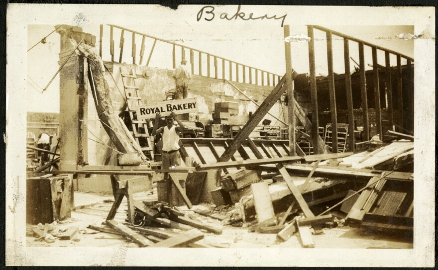 The Royal Bakery in Miami stands in ruins after the 1926 hurricane. The image is among the archival materials featured in “Caught in the Eye: Remembering the 1926 Hurricane” at Museum of Miami on view through April 11, 2027.