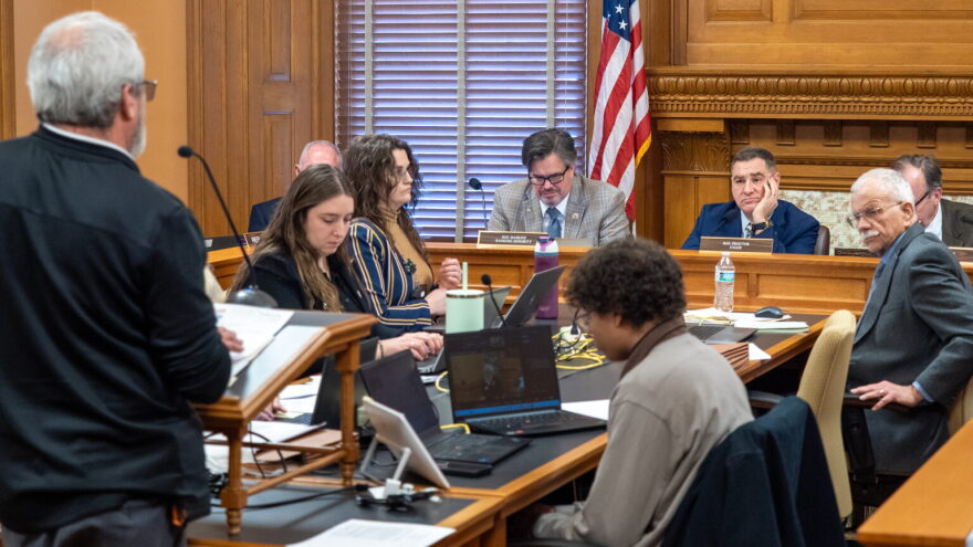 Rep. Pat Proctor, chair of the House Elections Committee, listen to testimony during a Jan. 27, 2026, hearing on legislation that adds restrictions to delivering advance ballots.