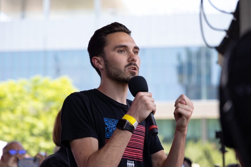 David Hogg, gun control advocate and survivor of the Marjory Stoneman Douglas school shooting, speaks at a rally outside the NRA national convention on May 27, 2022.