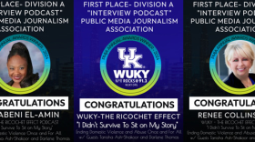 Poster graphic displaying the three PMJA awards for WUKY