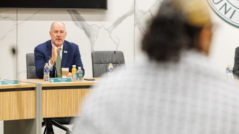 Michigan State University Trustee Mike Balow at a meeting of the Board of Trustees in East Lansing, Mich., on Feb. 7, 2025.