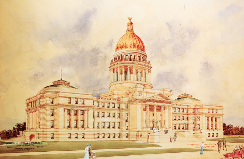 A painting of the Idaho Capitol.