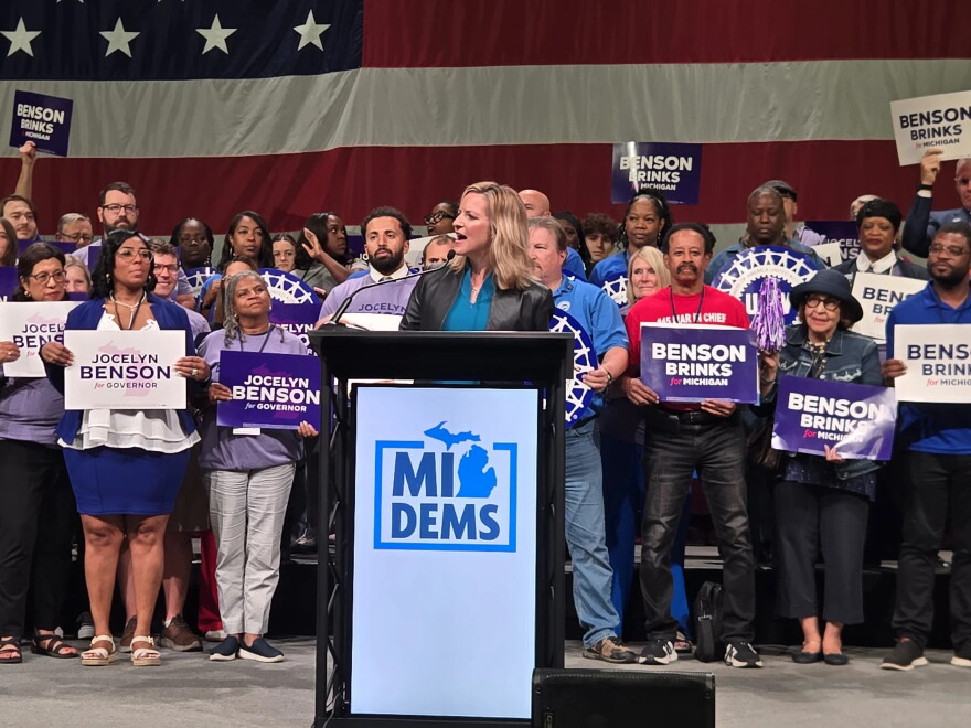 Michigan democratic gubernatorial candidate Jocelyn Benson speaking at the state Democratic convention on August 29, 2026.