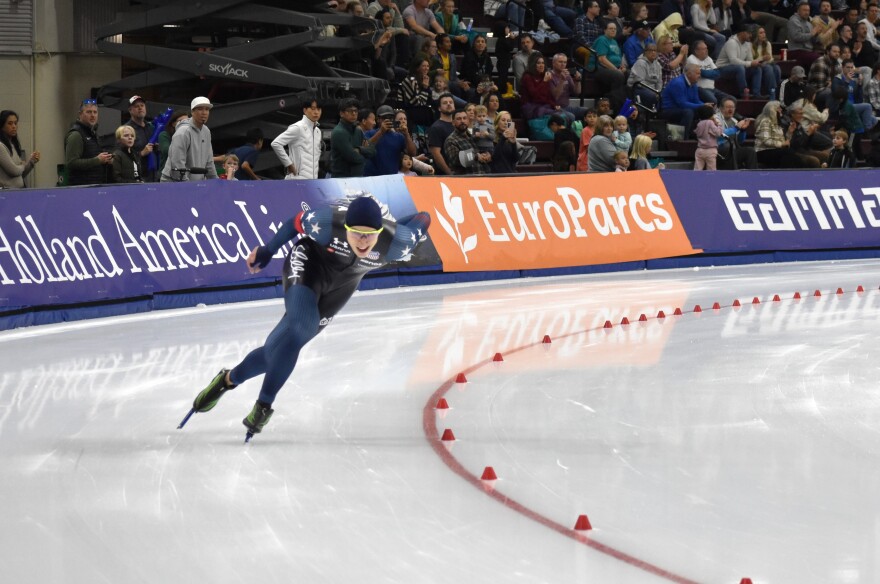 U.S. Speedskating's Jordan Stolz competes at the ISU World Cup at the Utah Olympic Oval, Nov. 15, 2025.