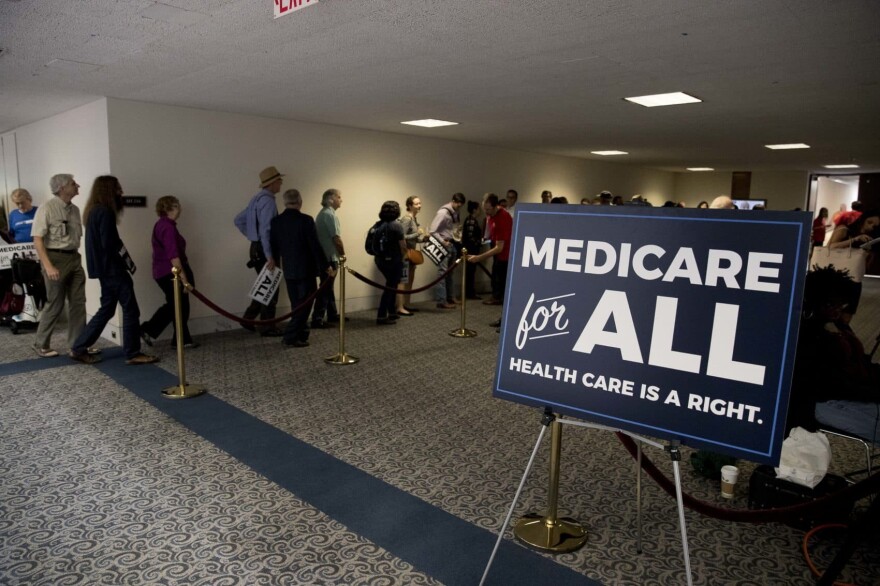 Supporters line up to get into a news conference held by Sen. Bernie Sanders, I-Vt., and other Democratic Senators on Capitol Hill in Washington, Sept. 13, 2017, to unveil their "Medicare-for-all" legislation to overhaul health care. (Andrew Harnik/AP)