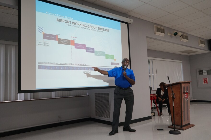 Douglass Petty, communications manager for the St. Louis airport advisory working group, gives a presentation at a neighborhood association meeting in June. 