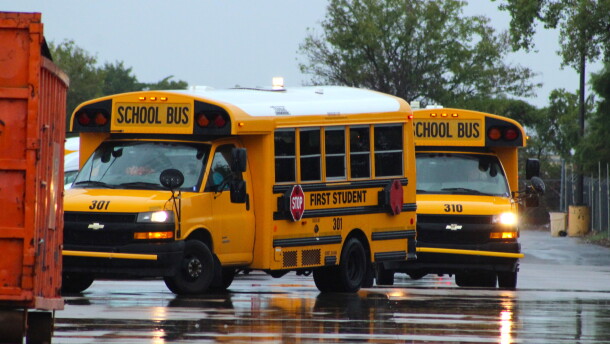 Buses prepare to leave the First Student lot near 29th and West. The district contracts with the company for bus drivers but is still responsible for fueling the buses.